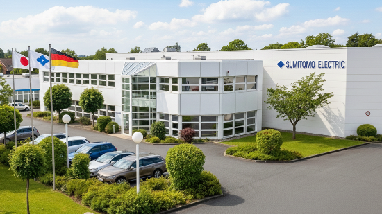 SUMITOMO ELECTRIC Schrumpf-Produkte GmbH Gebäude in Norderstedt mit japanischer und deutscher Flagge